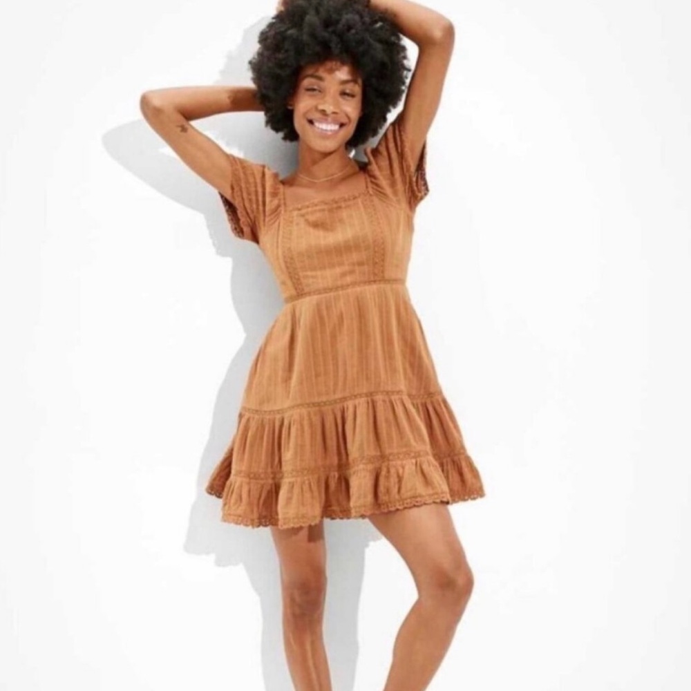 NWT American Eagle Outfitters Boho Smocked Peasant Dress in carame - Picture 2 of 4